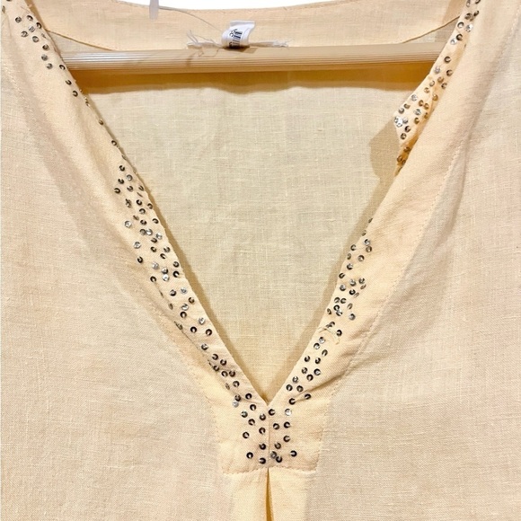 Eileen Fisher Size XS Irish Linen Yellow 3/4th Sleeve Top Sequin Neck Line Tunic - Picture 8 of 9